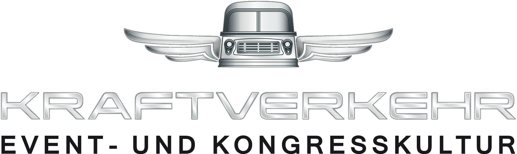 LOGO_KRAFTVERKEHR_SCHWARZ Logo Kraftverkehr. Text: Event- und Kongresskultur. Darüber stilisiertes altes Fahrzeug mit Flügeln.