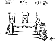 MitSinnen2 skizzierte Sofabank mit Spaten angelehnt. Baumstumpf mit Pflanze. Text oben: Baer der Sinne.
